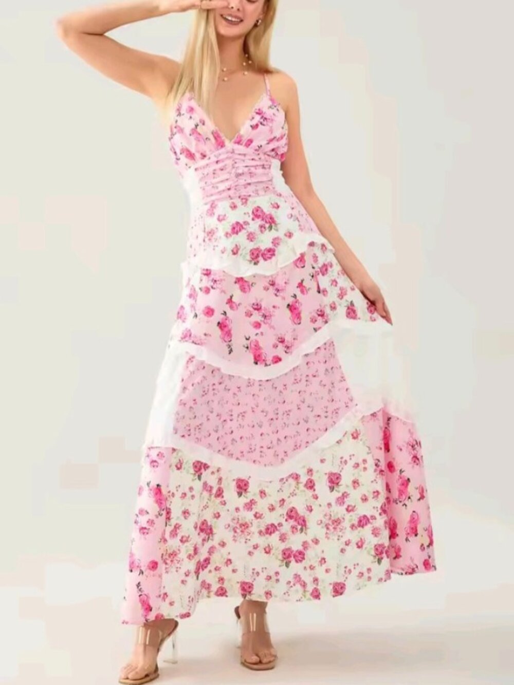 Women's Summer Floral Print Bohemian Long Dress Stylish Lace Patchwork Ruffled